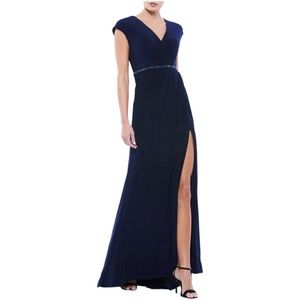 Mac Duggal Navy Blue Crystal Belt Jersey Gown 18